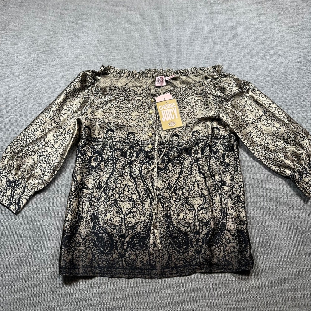 Juicy Couture Blouse Womens 2 Gold Black NEW Silk Paisley Off Shoulder Top